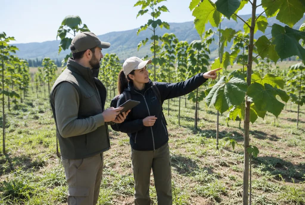 Zwei Fachleute begutachten junge Paulownia-Bäume auf einer Plantage