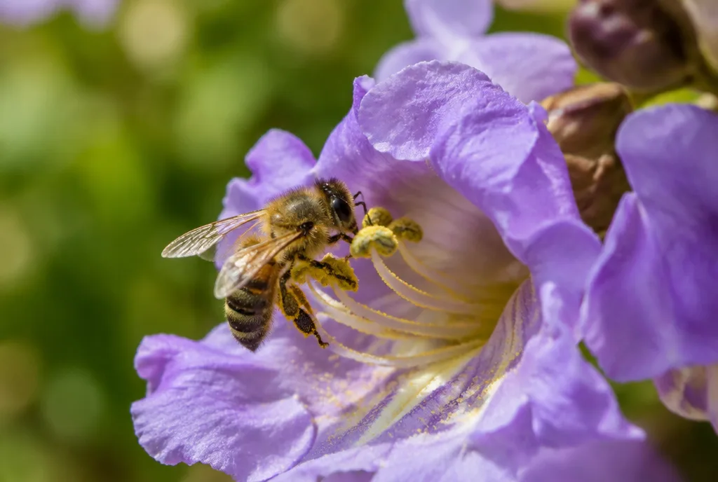 Honigbiene auf einer violetten Paulownia-Blüte