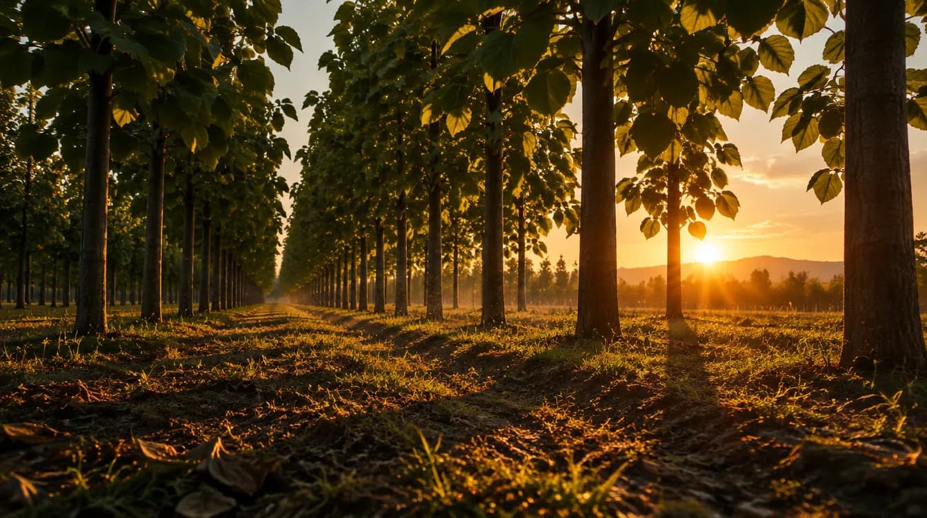Paulownia-Plantage im Gegenlicht der Abendsonne